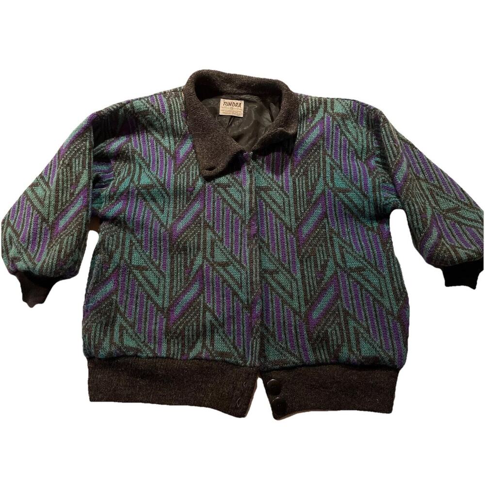 Tundra Canada Vintage Men’s XL Green Geometric Wool LS Full Zip Sweater Jacket